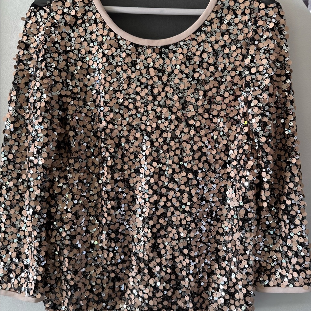 Diane Von Furstenberg Sparkling Sequin Blouse in Black and Gold